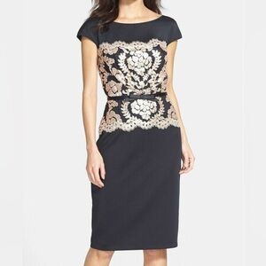 Tadashi Shoji Sequin midi Elegant Black Dress with Gold Floral Design